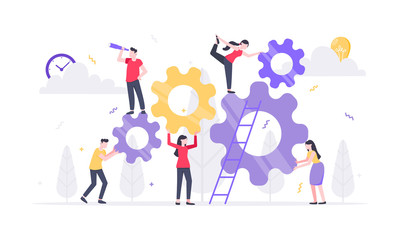 Teamwork concept with tiny people characters working together with big gears cog wheels settings icons. Teamwork and time management concept flat style design vector illustration isolated.