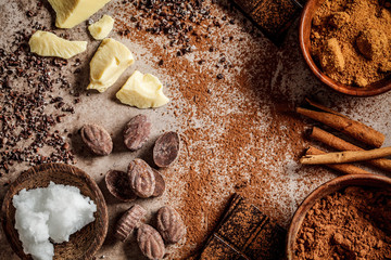 Ingredients for making chocolate background. Cocoa, cocoa butter, sugar, cinnamon and coconut oil on dark background, top view.