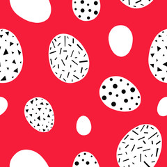 Vector illustration of Easter eggs seamless pattern. Set of Easter eggs decorated with triangles, dots, dashes on a red background. Spring holiday. Vector Illustration. Happy Easter.