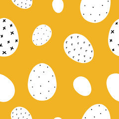 Fototapeta premium Vector illustration of Easter eggs seamless pattern. Set of Easter eggs decorated abstract elements on a yellow background. Spring holiday. Vector Illustration. Happy Easter.