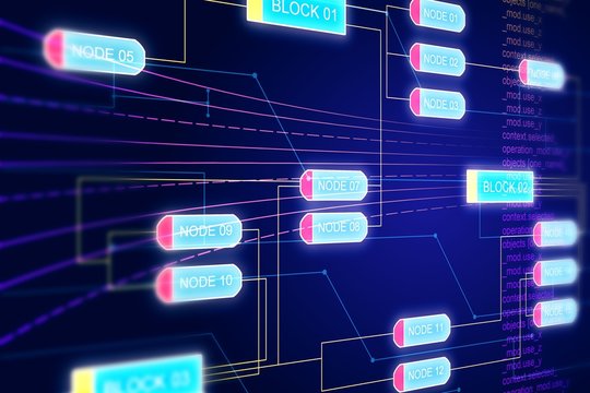 Abstract node structure, writing software concept. 3D Rendering