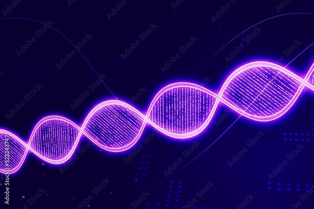Poster glowing dna symbol on blue background. 3d rendering
