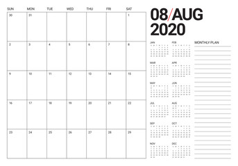 August 2020 desk calendar vector illustration