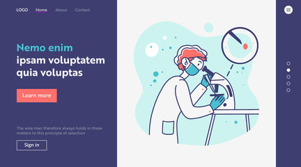 Chemist with microscope analyzing probe. Scientist in mask studying virus flat vector illustration. Laboratory, lab research, chemical analysis concept for banner, website design or landing web page
