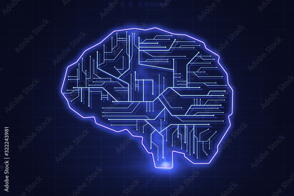 Poster the human brain in the form of microchips on blue background. artificial intelligence and neural net