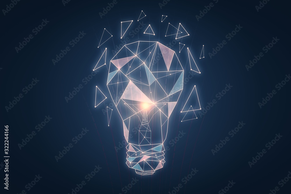 Poster Glowing light bulb symbol on blue background, idea concept. 3D Rendering