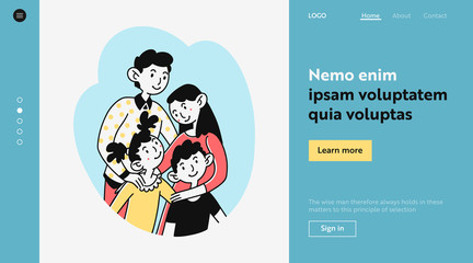Happy family couple with son and daughter. Parents and kids standing together and hugging flat vector illustration. Childhood, affection, support concept for banner, website design or landing web page