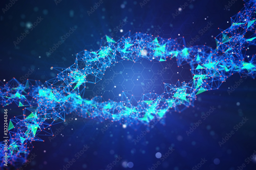 Aufkleber glowing dna symbol on dark blue background. 3d rendering
