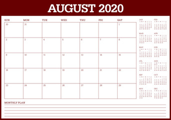 August 2020 desk calendar vector illustration