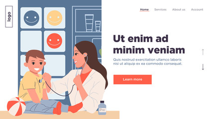 Naklejka na ściany i meble Happy little boy in pediatrician office. Doctor with stethoscope examining child flat vector illustration. Occupation, healthcare, childhood concept for banner, website design or landing web page
