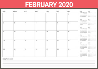 February 2020 desk calendar vector illustration