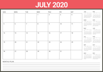 July 2020 desk calendar vector illustration