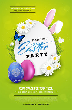 Easter background with easter eggs, flowers and rabbit ears