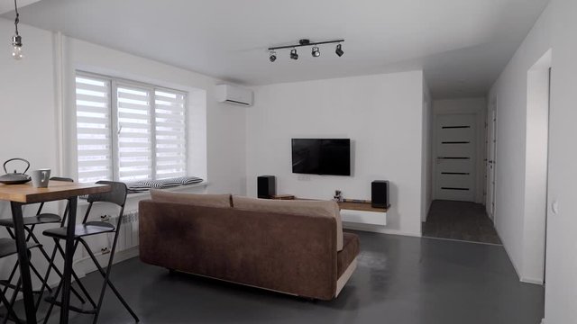 stylish design of modern studio apartment with living room, no people, panoramic inside flat