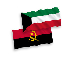 National vector fabric wave flags of Angola and Kuwait isolated on white background. 1 to 2 proportion.