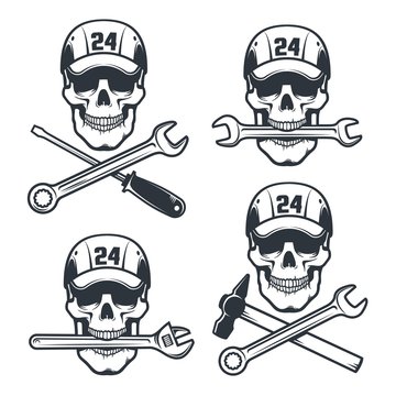 Mechanic Skull in cap with spanner and hammer - retro logo. Skeleton auto repair service worker with wrench and screwdriver - vintage emblem. Vector illustration.