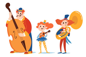 Naklejka premium Cartoon vector characters play jazz music in circus costumes.