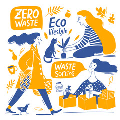 Eco lifestyle motivational vector design with zero waste elements and lettering