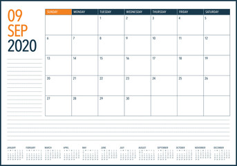 September 2020 desk calendar vector illustration