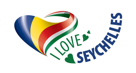 Obraz premium National flag of the Seychelles in the shape of a heart and the inscription I love Seychelles. Vector illustration