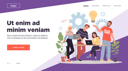 Happy startup team brainstorming. Young men and women with laptops, bulbs, gears working together flat vector illustration. Teamwork, creativity concept for banner, website design or landing web page