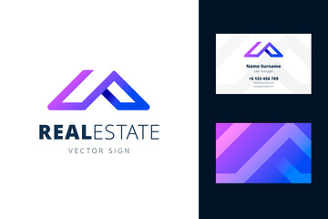 Real estate logo and business card template. Vector emblem in a modern gradient style for businesses selling homes and apartments.