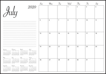 July 2020 desk calendar vector illustration