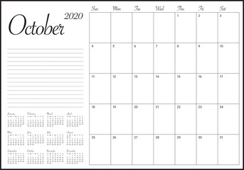 October 2020 desk calendar vector illustration