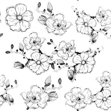 Magnolia flower graphic seamless pattern. Elegant black on white spring flowers on branches image for wrapping paper or textile decoration. magnolia floral seamless pattern on white background.