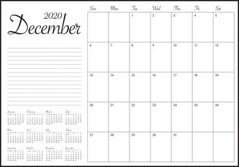 December 2020 desk calendar vector illustration
