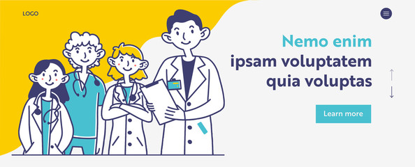 Hospital doctors staff. Medical professionals in white coats and scrubs with stethoscopes flat vector illustration. Consultation, expertise concept for banner, website design or landing web page