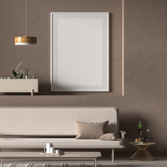 Naklejka na ściany i meble Mock up poster frame in Scandinavian style interior with modern furnitures. Minimalist interior design. 3D illustration.