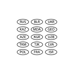 Abbreviations of languages in a circle sign. Russian, Belarusian, Azerbaijani and other sign.
