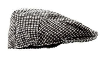 Floating grey hunting tweed flat cap or newsboy cap isolated on white background with clipping path cutout using ghost mannequin technique