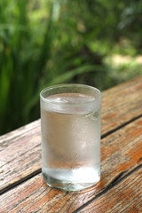 Glass of water on wood table.