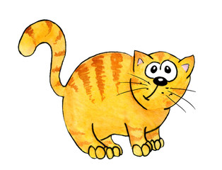 Orange, striped funny cats in cartoon style. Children's watercolor illustration. With a black stroke. Clipart on a white background.