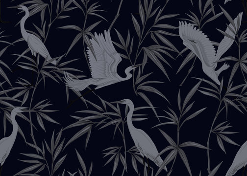 Seamless pattern, background. with tropical plants and flowers with orchid and tropical birds. Vector illustration in black colors..