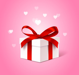  Decorative white gift box with red bow for valentines day design. Vector illustration