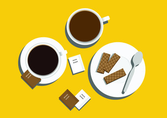 Vector coffee set with wafers And a set of dishes with a spoon
