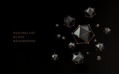 Minimalist black and gold abstract geometric polyhedron background. Dark theme 3d rendering pattern - obrazy, fototapety, plakaty