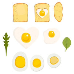 Set of bread, eggs, fried eggs, basil and arugula