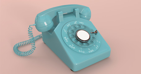 Retro phone (rotary phone) with dial and receiver . Colourful 3d renders of retro telephone