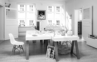 Twin Home Office Area - black and white 3d visualization