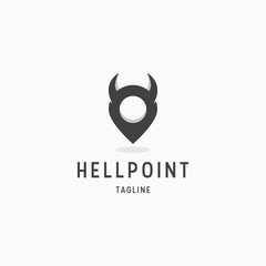 Awesome Hell point logo design template. Pin map, horn, location, dark vector illustration