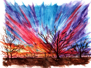 Watercolor landscape with trees and colorful sunrise / sunset in the sky, brush strokes outside the picture, painted with a brush