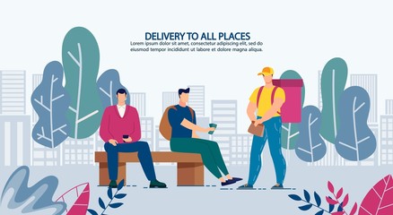 Delivery Anytime to Anywhere Advertising Banner. People Having Snack on Break Purchase Fastfood on Phone. Mobile Application for Meal Order. Deliveryman Courier Giving Package with Fresh Set-Meal