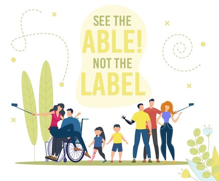 Disabled People Active And Full Life Trendy Flat Vector Concept. Paraplegic Man In Wheelchair, Disabled Teenager, Children With Limb Prosthesis Standing Together, Shooting Mobile Selfie Illustration