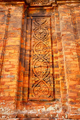QUY NHON, VIETNAM - JANUARY, 25th 2020: Terracotta decorations outside Banh It Tower which was built in the 10th century. 