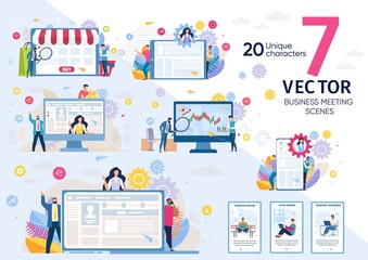 Company Customers, Business Leader, Startup Team Work Scenes and Situations, Marketing Strategy, Online Clients Experience Research, Internet Business Concepts Trendy Flat Vector Illustrations Set