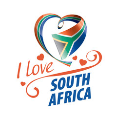 National flag of the South Africa in the shape of a heart and the inscription I love South Africa. Vector illustration